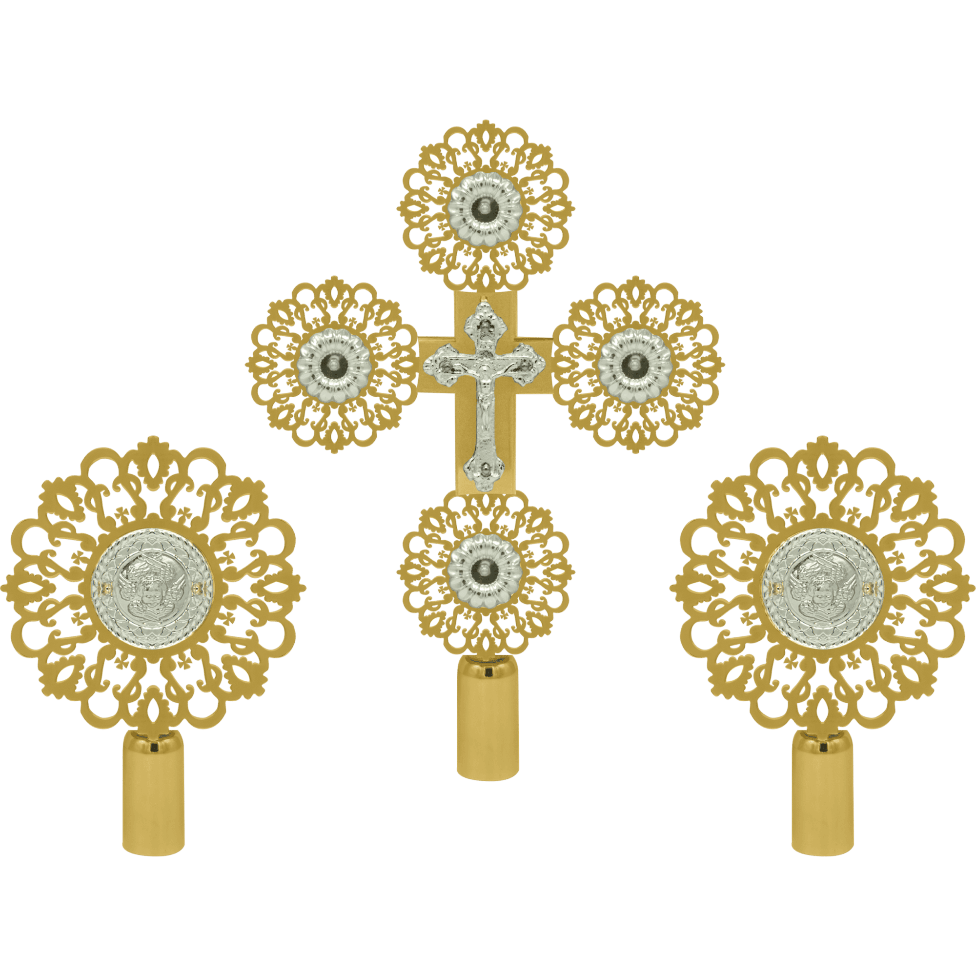 Intricate ecclesiastical gold and silver religious artifacts, including crosses and medallions, used in Orthodox Christian church ceremonies, crafted by Tsatsonis Antonios in Greece.
