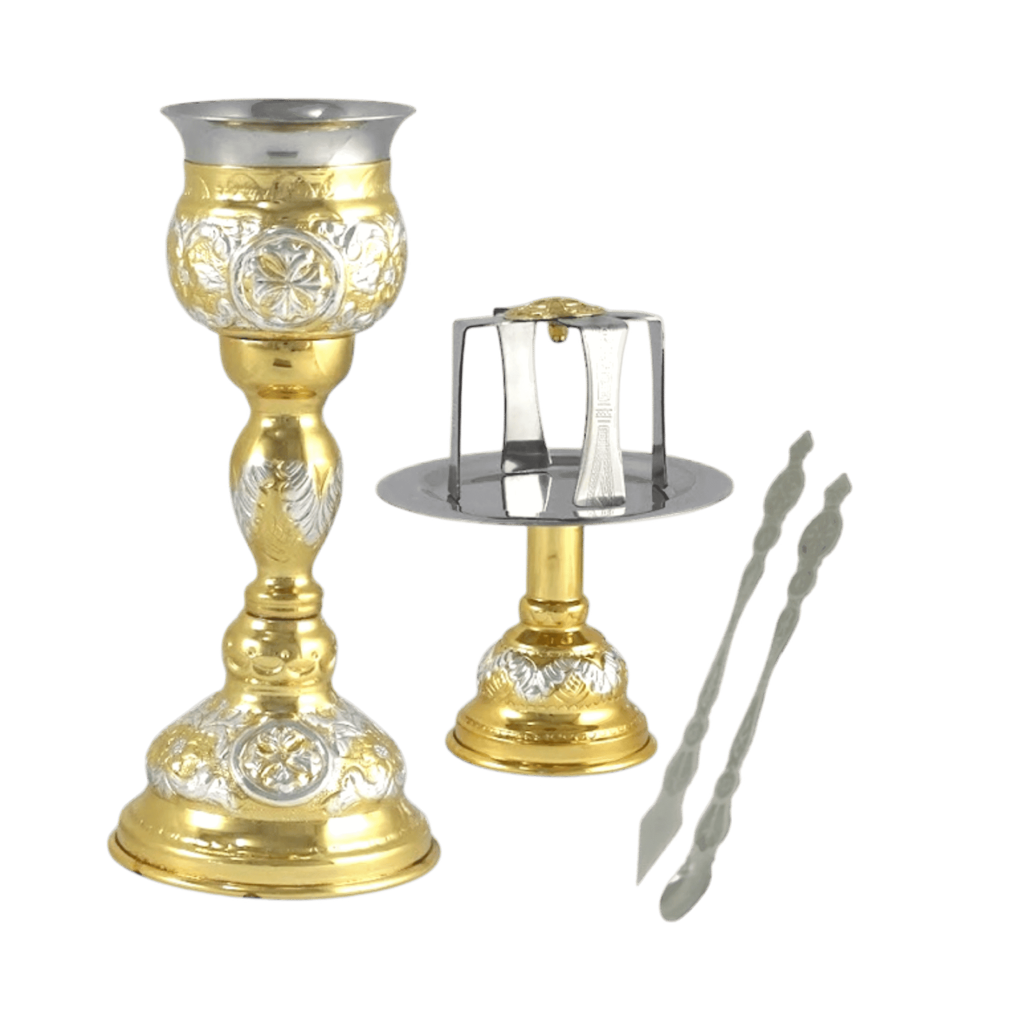 Ornate religious candlestick holder set with silver and gold accents, featuring two wicks, used in Orthodox Christian ceremonies and church services.