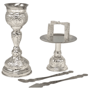 Silver ecclesiastical candle holder and chalice set for church ceremonies, traditional religious用品, gold and silver churchware, Orthodox liturgical items, custom church accessories, religious churchware, sacred church ornamentation, ceremonial silverware, Orthodox church supplies, ecclesiastical silver items.