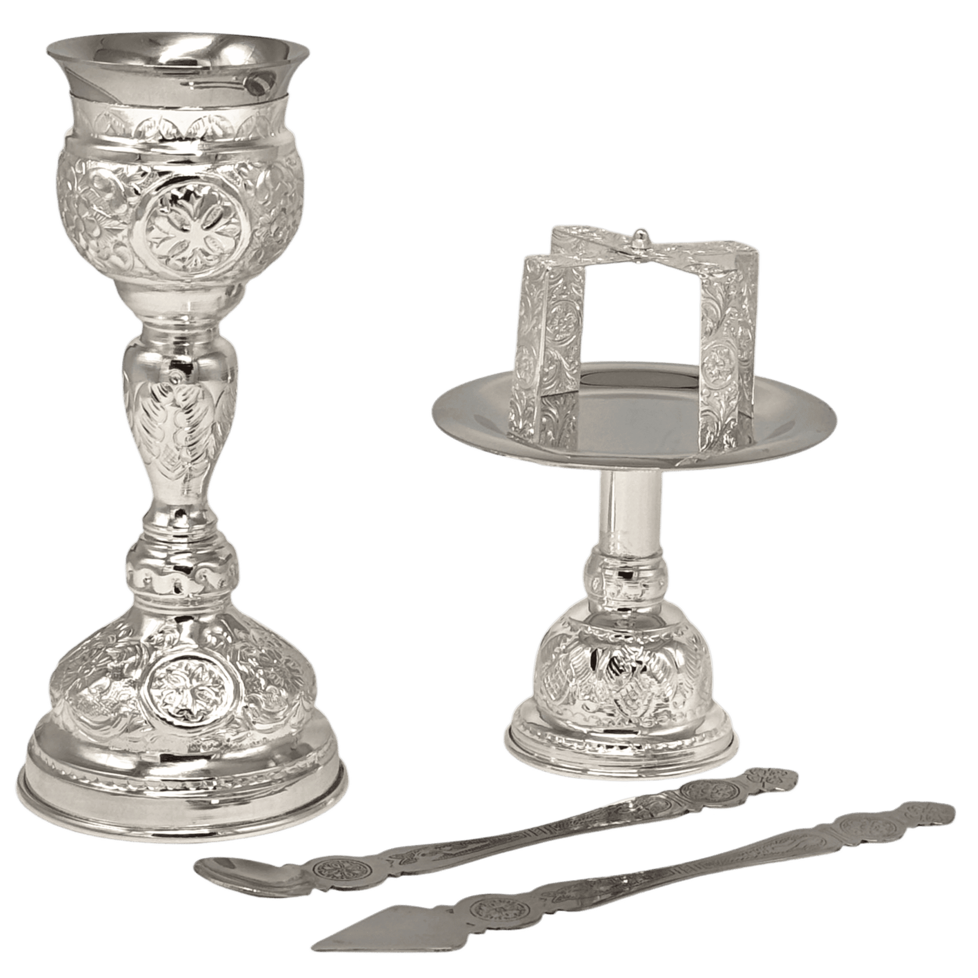 Silver ecclesiastical candle holder and chalice set for church ceremonies, traditional religious用品, gold and silver churchware, Orthodox liturgical items, custom church accessories, religious churchware, sacred church ornamentation, ceremonial silverware, Orthodox church supplies, ecclesiastical silver items.