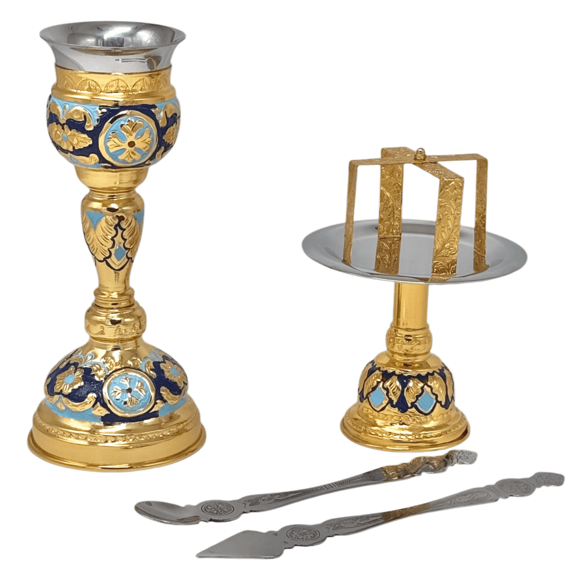 Ornate ecclesiastical liturgical set with gold and enamel details for Orthodox Christian ceremonies. Includes a chalice, censer, and silver spoons, perfect for church services and religious rituals.