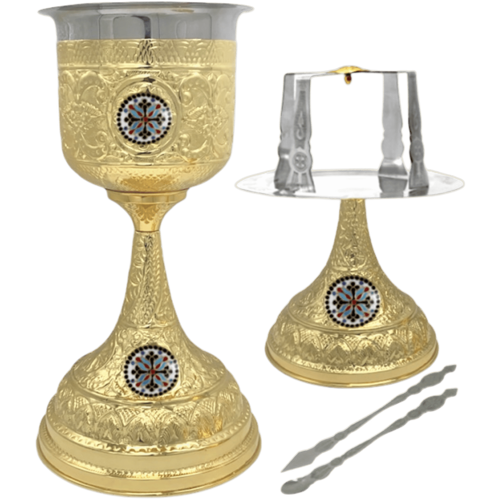 Gold chalice and liturgical tray with ornate designs, religious symbols, and matching tongs for church rituals and sacraments.