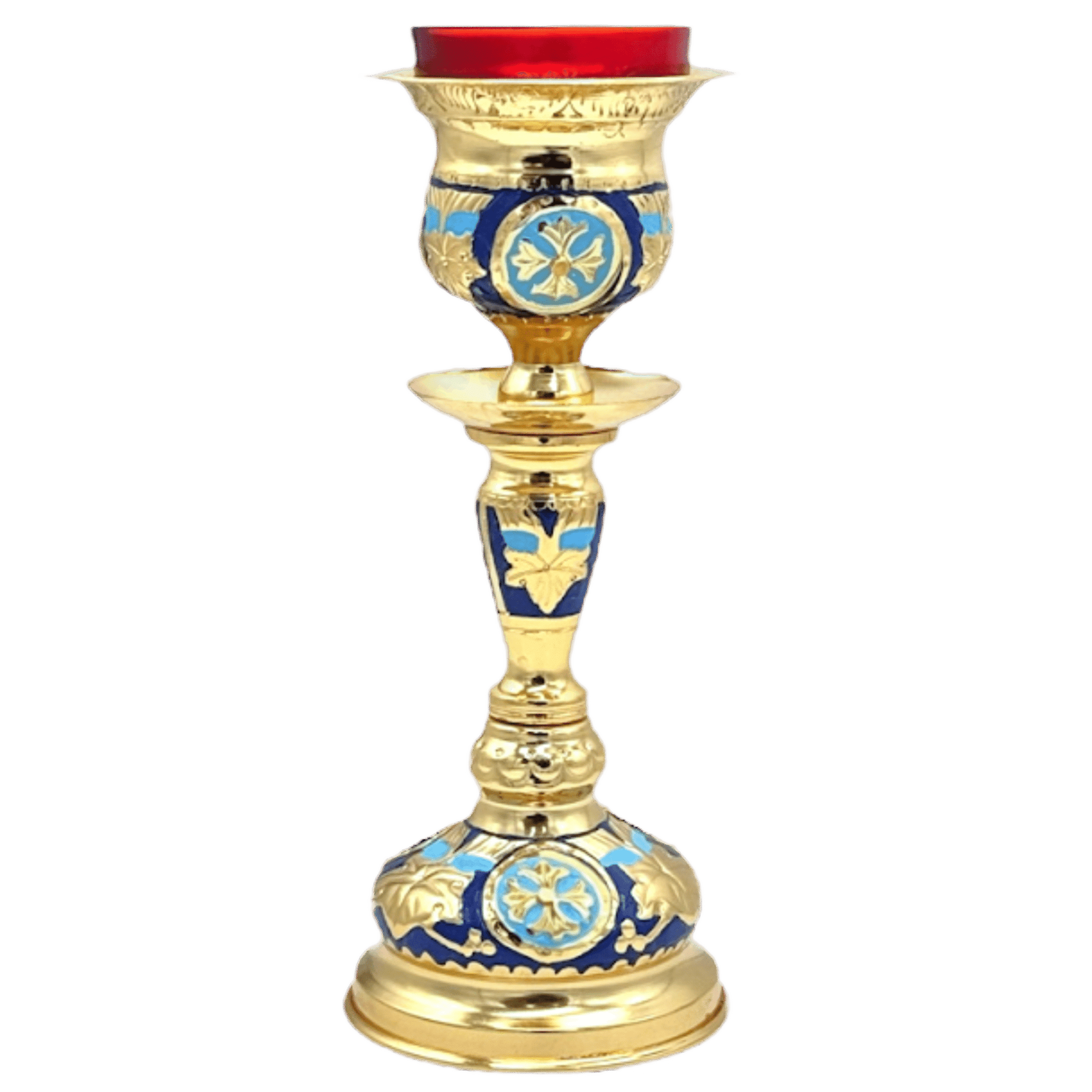 Ornate ecclesiastical candle holder with gold finish and blue decorative motifs for church rituals and ceremonies.