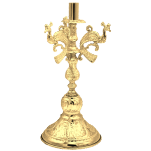 Elegant gold church candle holder with ornate religious design, ideal for ecclesiastical ceremonies and liturgical use, crafted with intricate detail.
