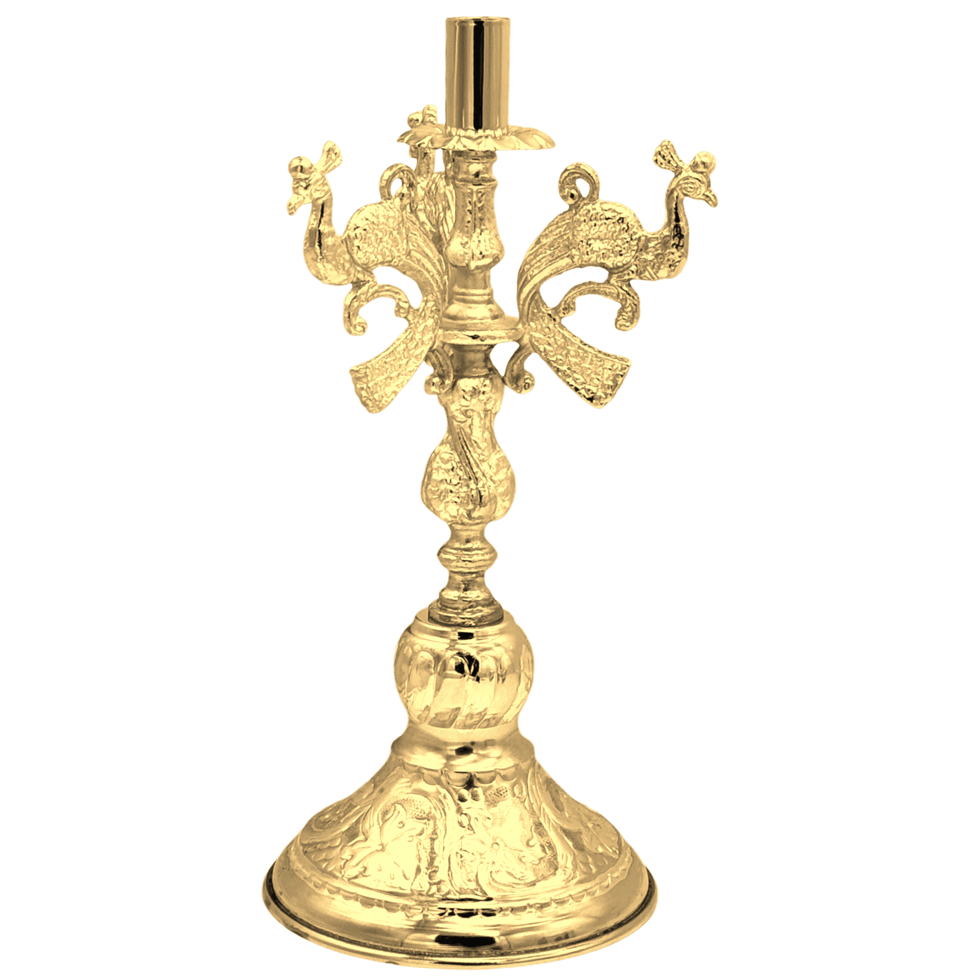 Elegant gold church candle holder with ornate religious design, ideal for ecclesiastical ceremonies and liturgical use, crafted with intricate detail.
