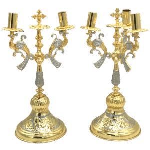 Gold Byzantine candle holder for church services, ornate religious ecclesiastical items for Orthodox Christian ceremonies.