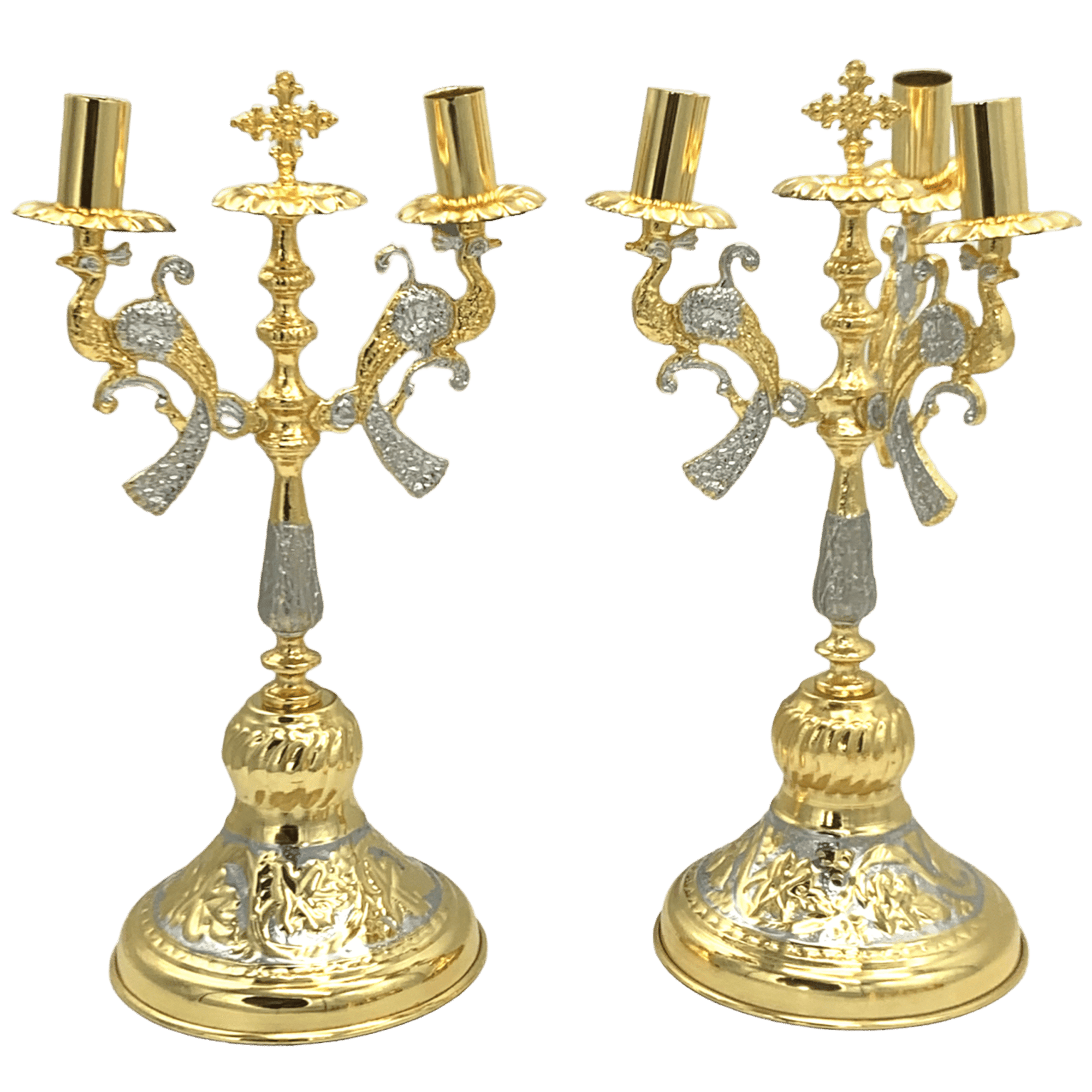 Gold Byzantine candle holder for church services, ornate religious ecclesiastical items for Orthodox Christian ceremonies.