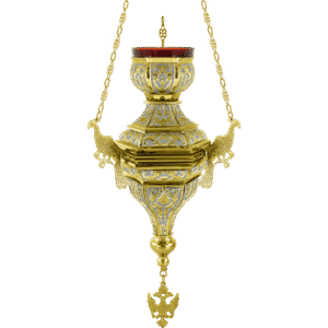 Ornate gold and silver church lamp with detailed metalwork, religious candle holder, traditional ecclesiastical liturgical lighting, Greek Orthodox church accessories, handcrafted religious interior item.