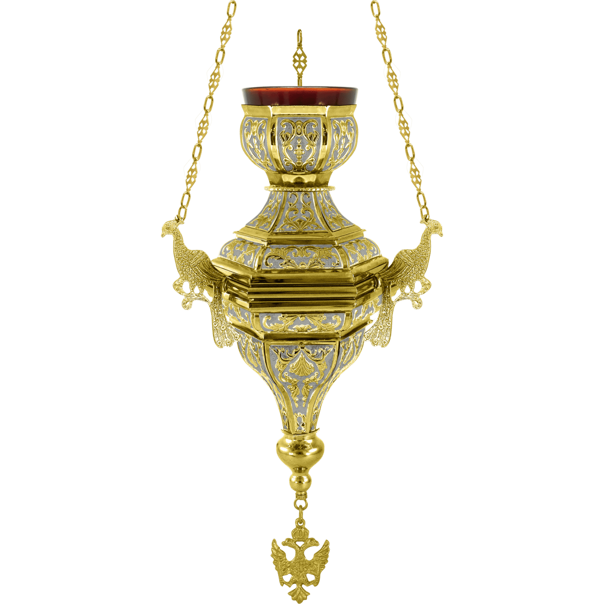 Ornate gold and silver church lamp with detailed metalwork, religious candle holder, traditional ecclesiastical liturgical lighting, Greek Orthodox church accessories, handcrafted religious interior item.