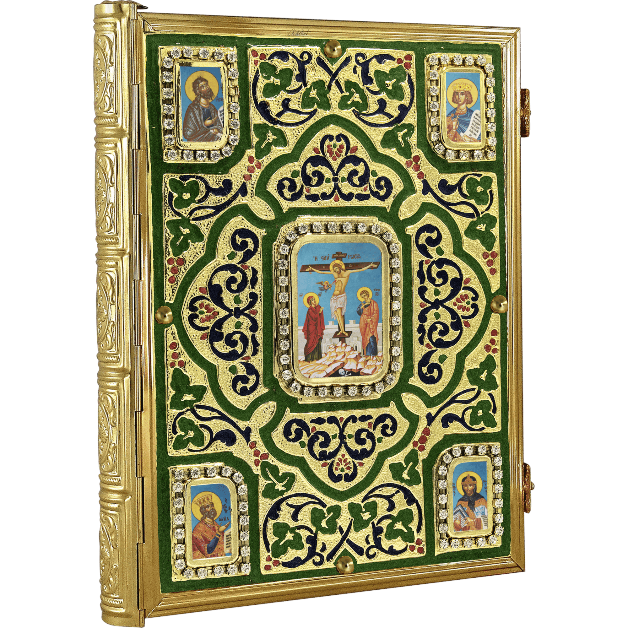 Intricately designed Orthodox Christian religious icon with gold accents, colorful paintings of saints, and embedded gemstones, ideal for church altar decoration and religious rituals.