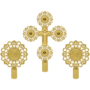 Ornate gold ecclesiastical religious accessories with intricate detailing, including a cross and medallions, used for church ceremonies and Orthodox Christian rituals.