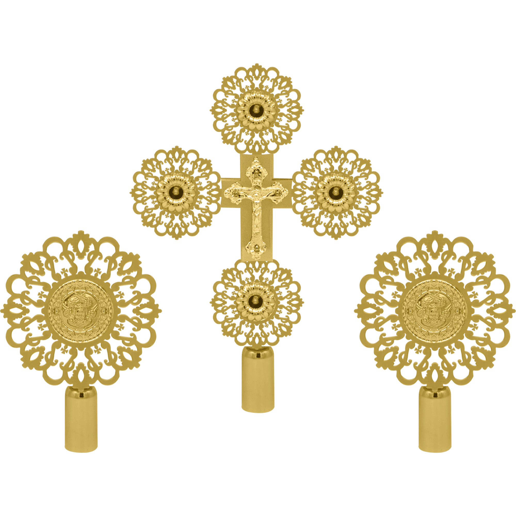 Ornate gold ecclesiastical religious accessories with intricate detailing, including a cross and medallions, used for church ceremonies and Orthodox Christian rituals.