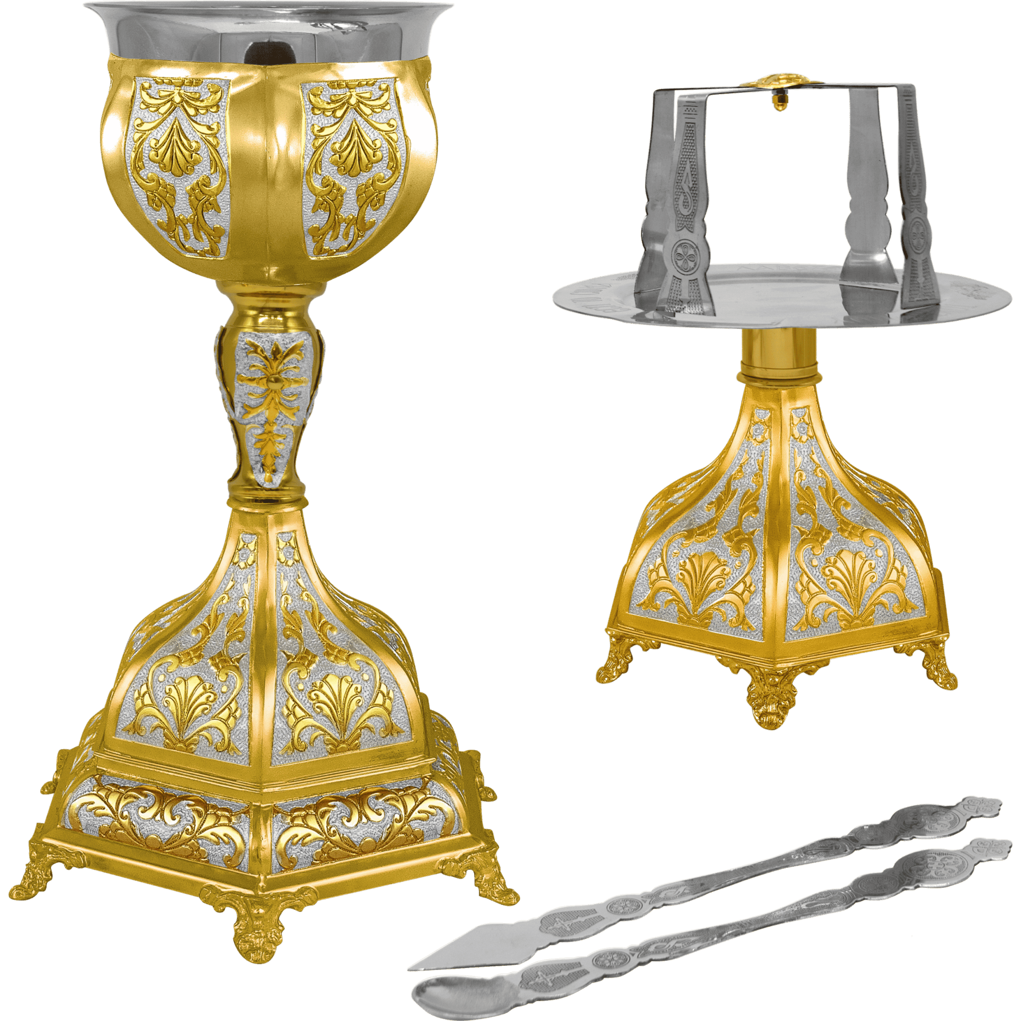 Ornate gold and silver ecclesiastical liturgical vessel set with chalice, candle holder, and consecration tongs for church religious ceremonies.