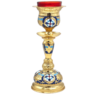 Vintage religious candle holder with ornate gold and blue decorative patterns, ideal for church ceremonies and prayer rituals.