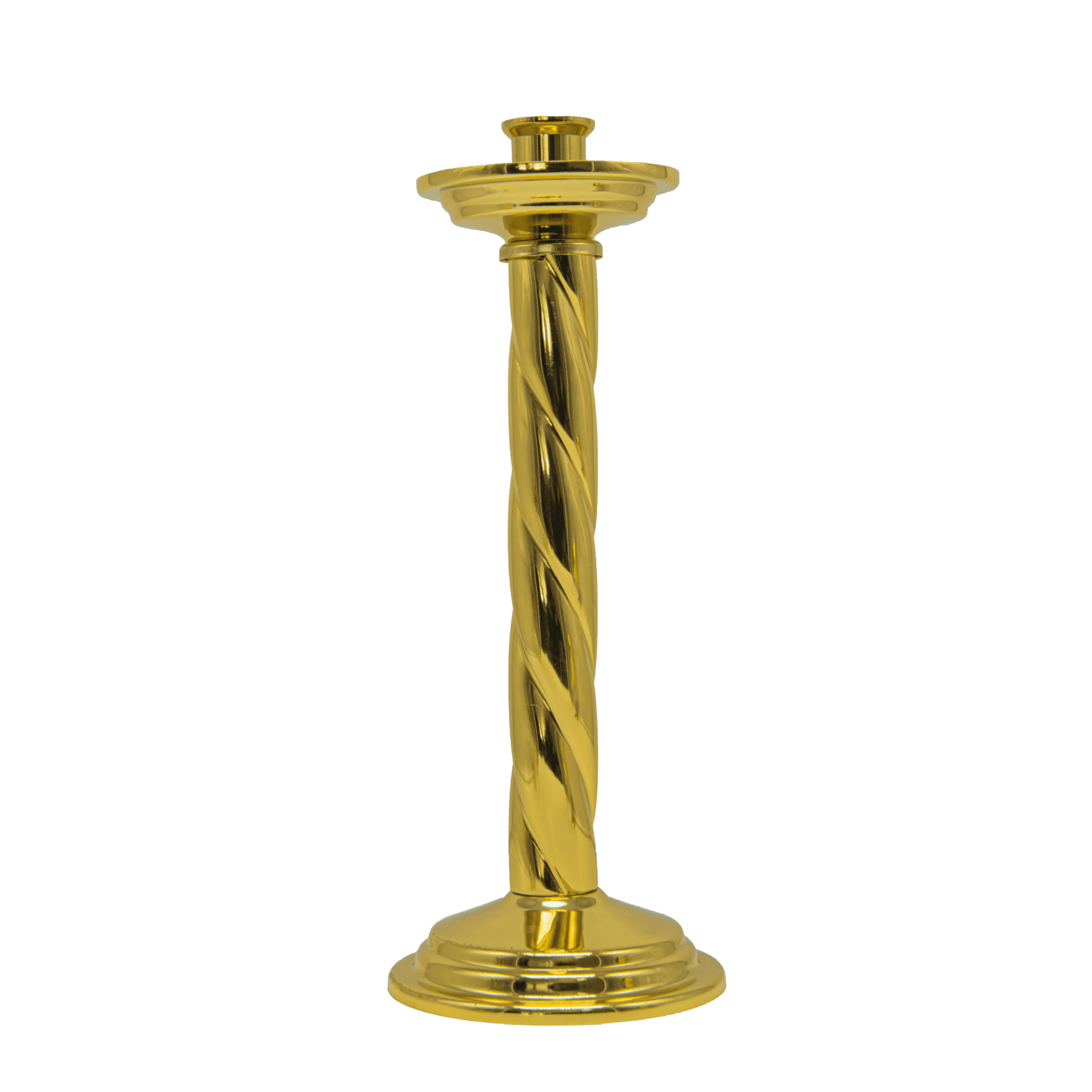 Golden church candle holder for religious ceremonies and church accessories. Traditional ecclesiastical adornment crafted for liturgical use and church decor.