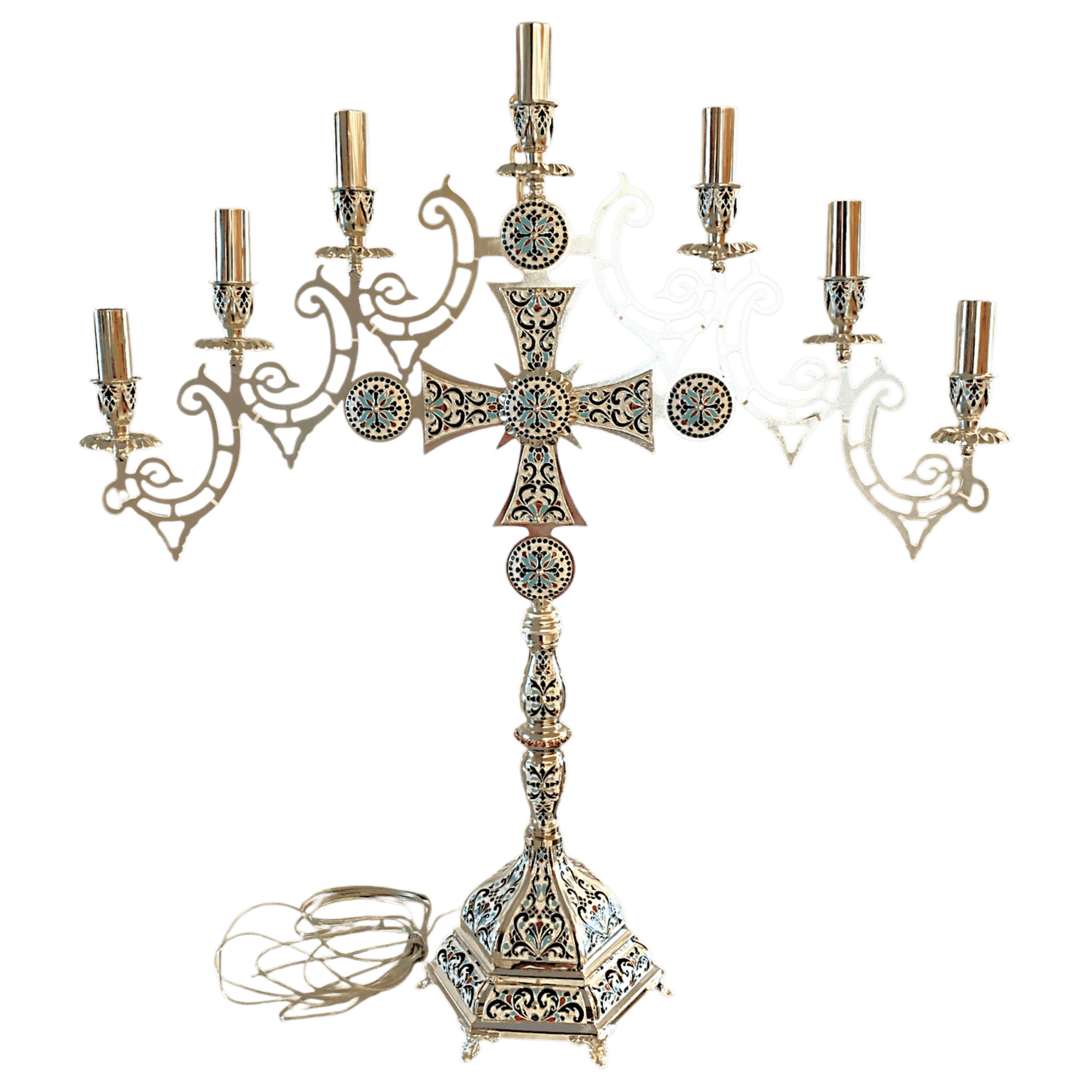 Elegant silver candelabrum with ornate religious motifs, ideal for church ceremonies and religious celebrations. Perfect for ecclesiastical and church-related decorative purposes.