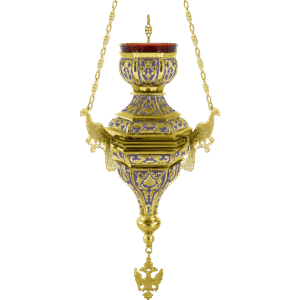 Ornate Byzantine-style hanging oil lamp with intricate gold and purple religious design, used for church services and ecclesiastical ceremonies.