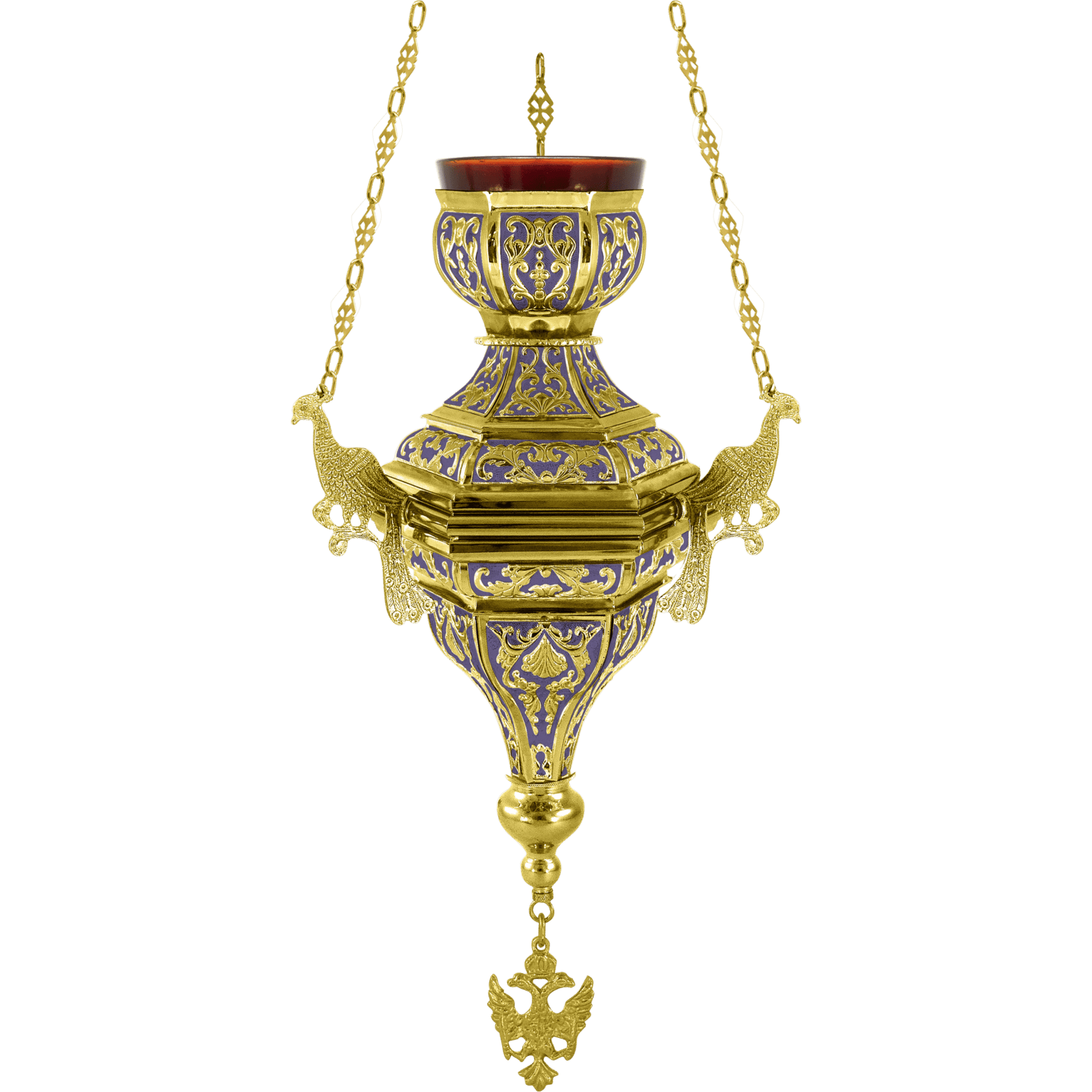Ornate Byzantine-style hanging oil lamp with intricate gold and purple religious design, used for church services and ecclesiastical ceremonies.