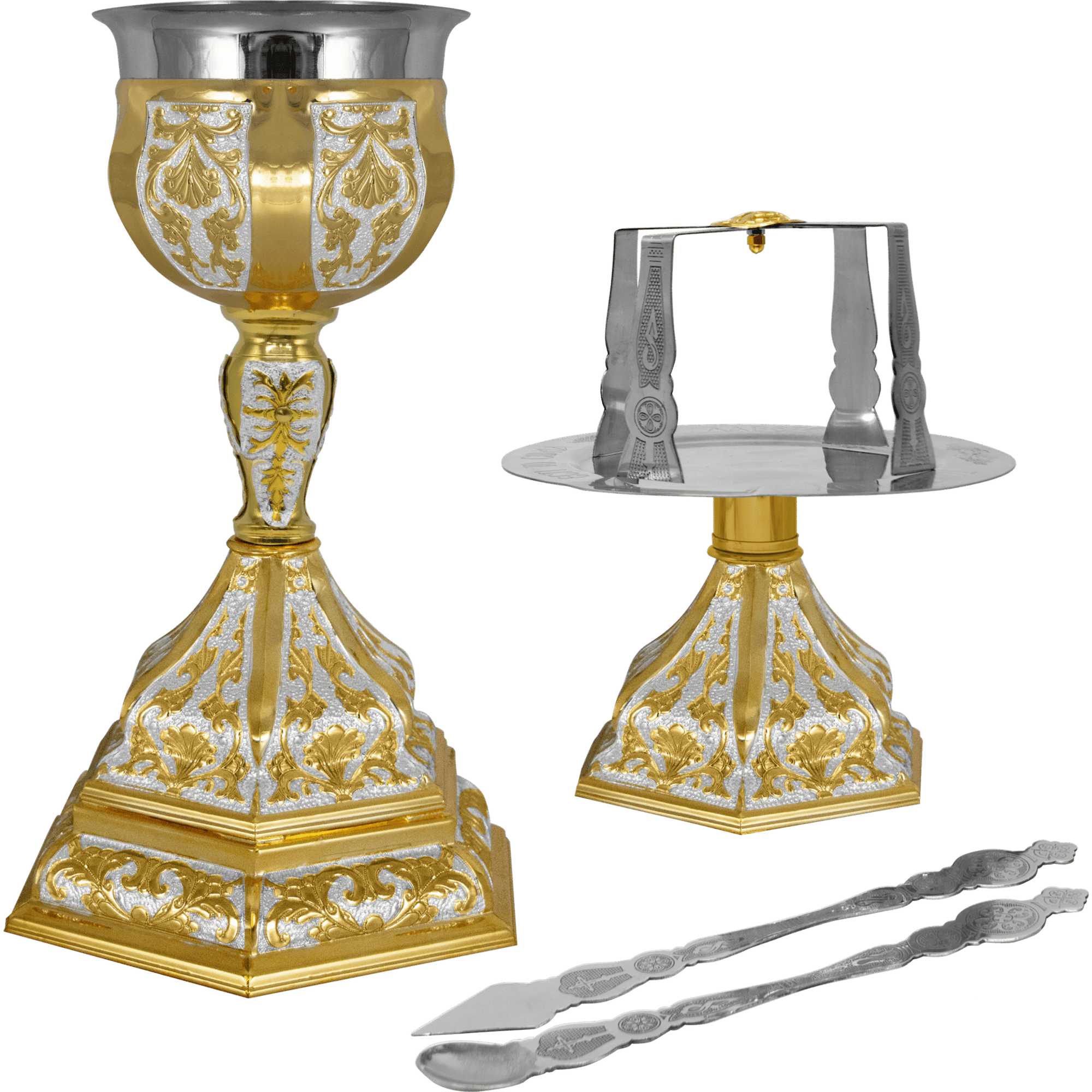 Ornate gilded church chalice and liturgical accessories for Orthodox Christian sacramental rituals.