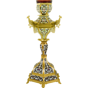 Ornate church candle holder with intricate enamel designs and gold accents, used in religious ceremonies, showcasing traditional ecclesiastical craftsmanship.