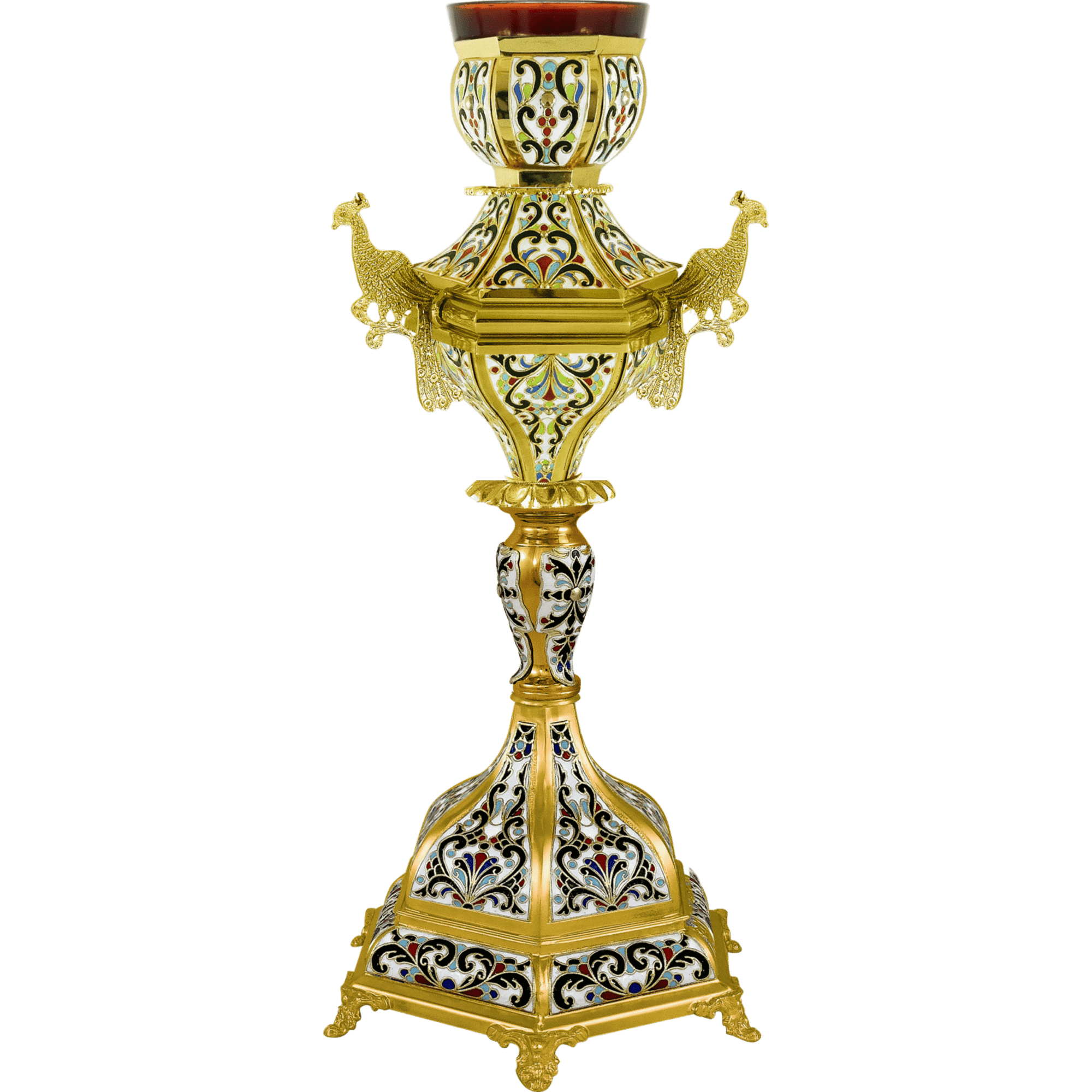 Ornate church candle holder with intricate enamel designs and gold accents, used in religious ceremonies, showcasing traditional ecclesiastical craftsmanship.