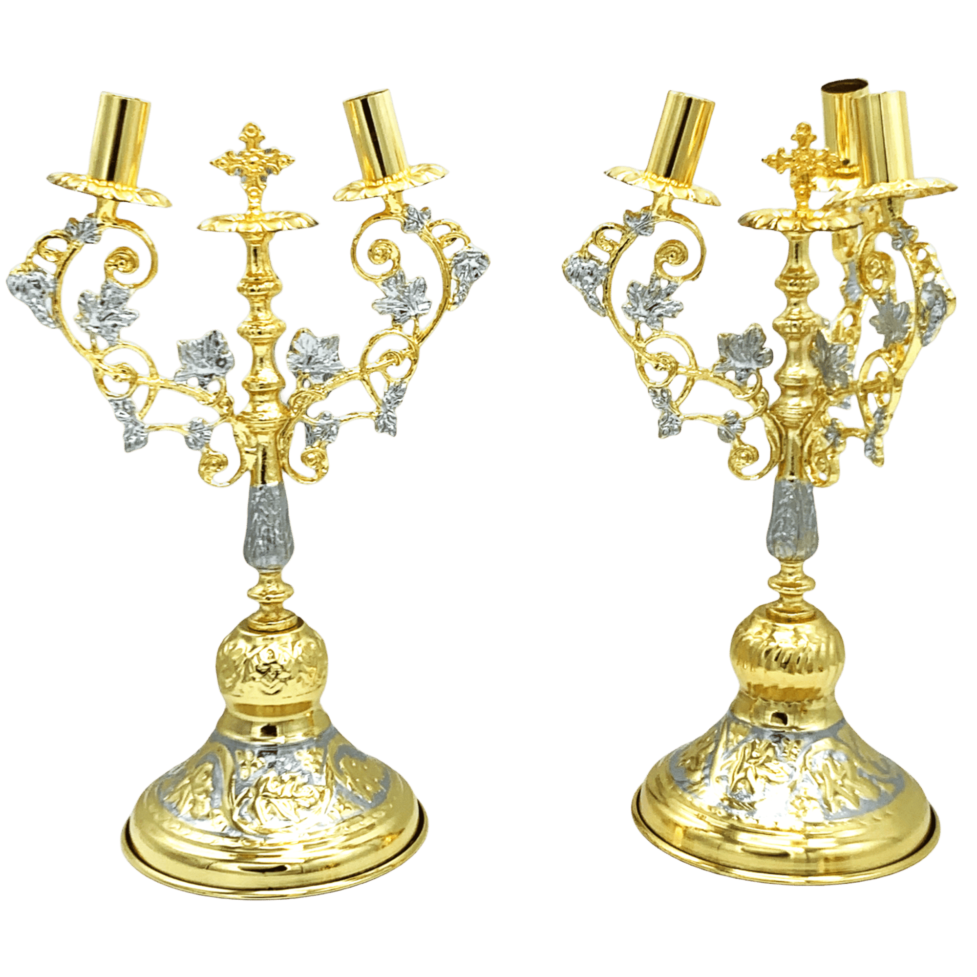 Ornate gold and silver Orthodox church candle holders with intricate detailing, ideal for religious church services and ecclesiastical decorations.
