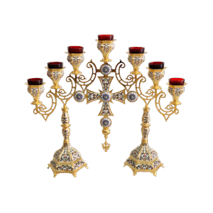 Intricate gold and enamel ecclesiastical candle holder with multiple candle cups, designed for church ceremonies and religious events, showcasing traditional craftsmanship.