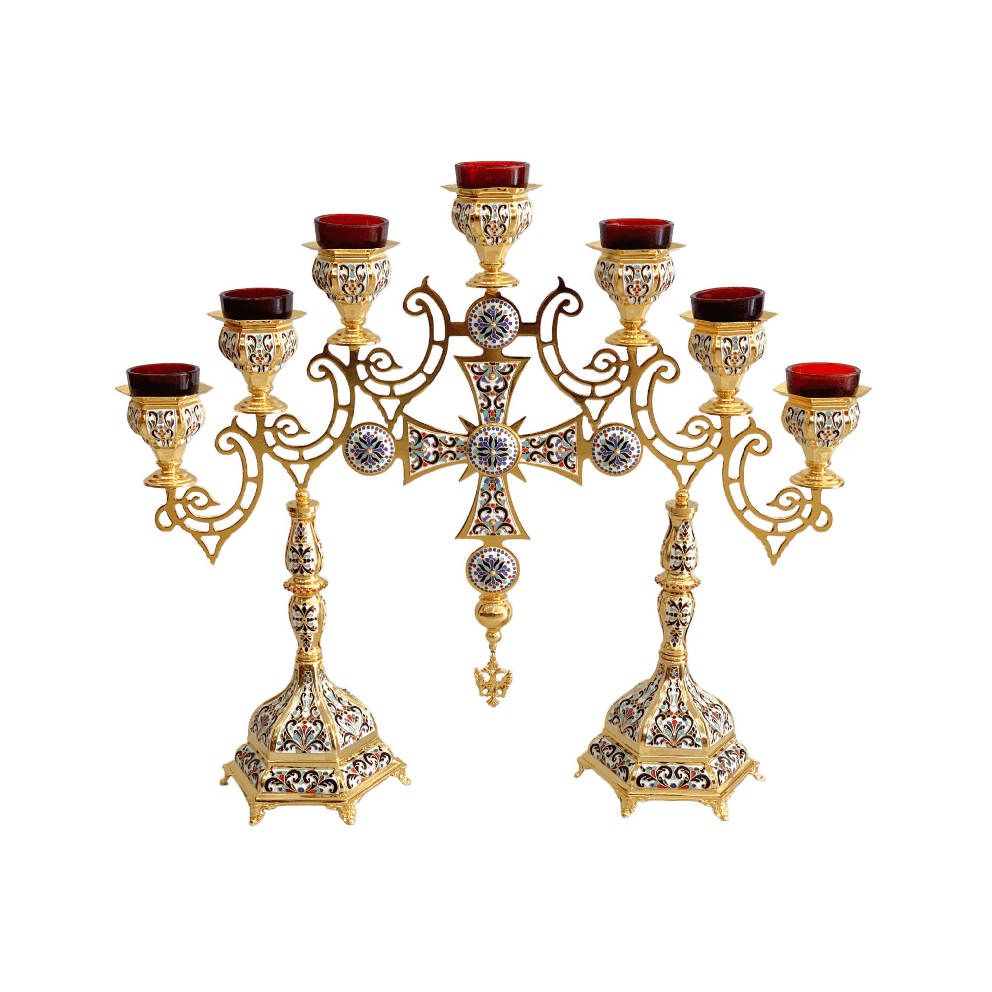 Intricate gold and enamel ecclesiastical candle holder with multiple candle cups, designed for church ceremonies and religious events, showcasing traditional craftsmanship.
