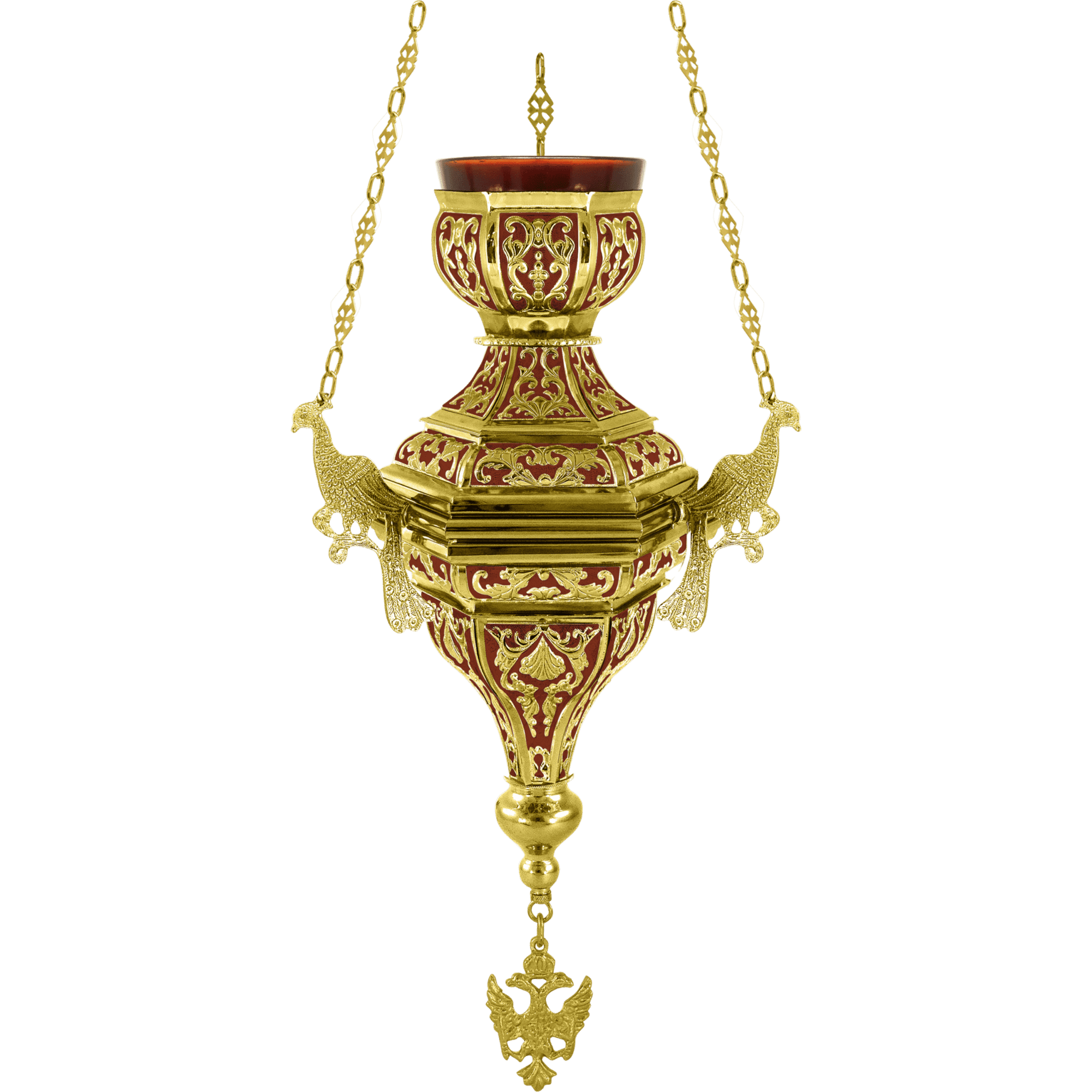Ornate gold and red church lamp with intricate detailing, used in religious ceremonies and church decor.