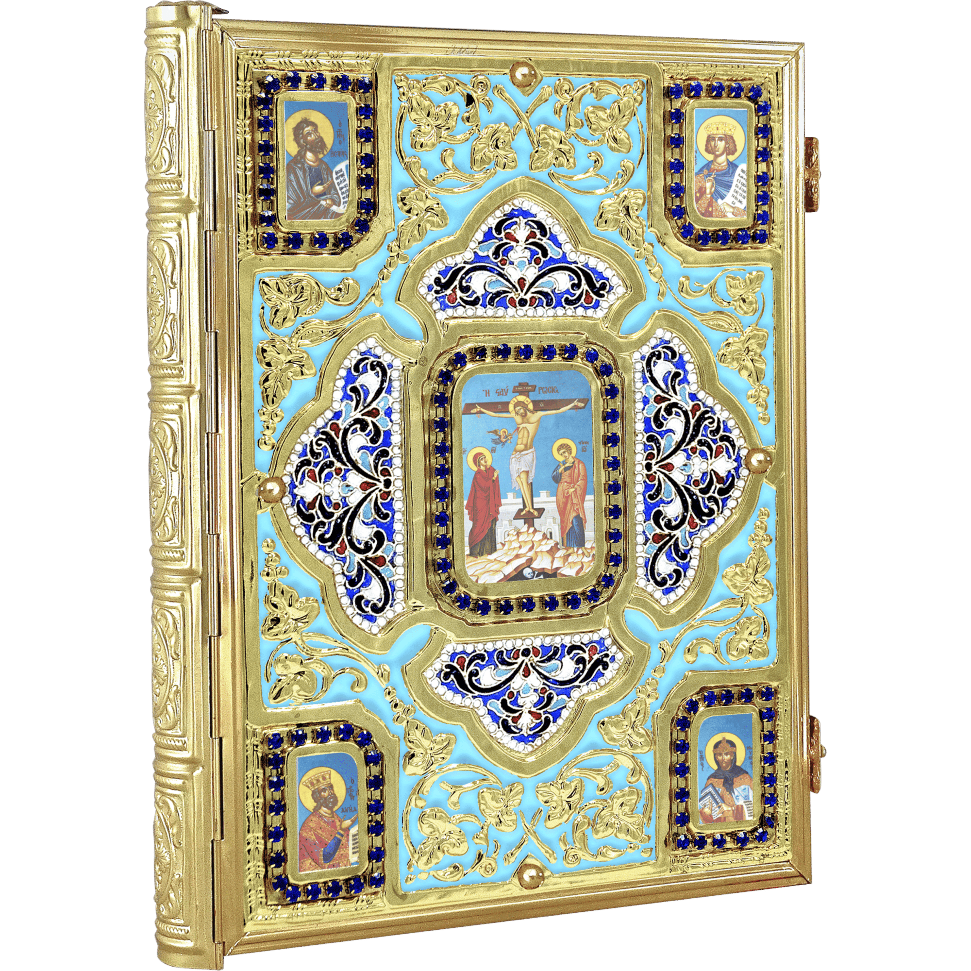 Intricately designed ecclesiastical iconostasis with gold accents, Byzantine-style religious icons, and ornate decorative details, perfect for church altar or religious ceremonies.