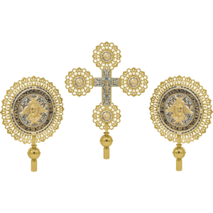 Ornate ecclesiastical religious medals and crucifix from Tsaatsaronis Antonios, featuring detailed gold craftsmanship and colorful enamel accents, used for Orthodox Christian worship and ceremonies.