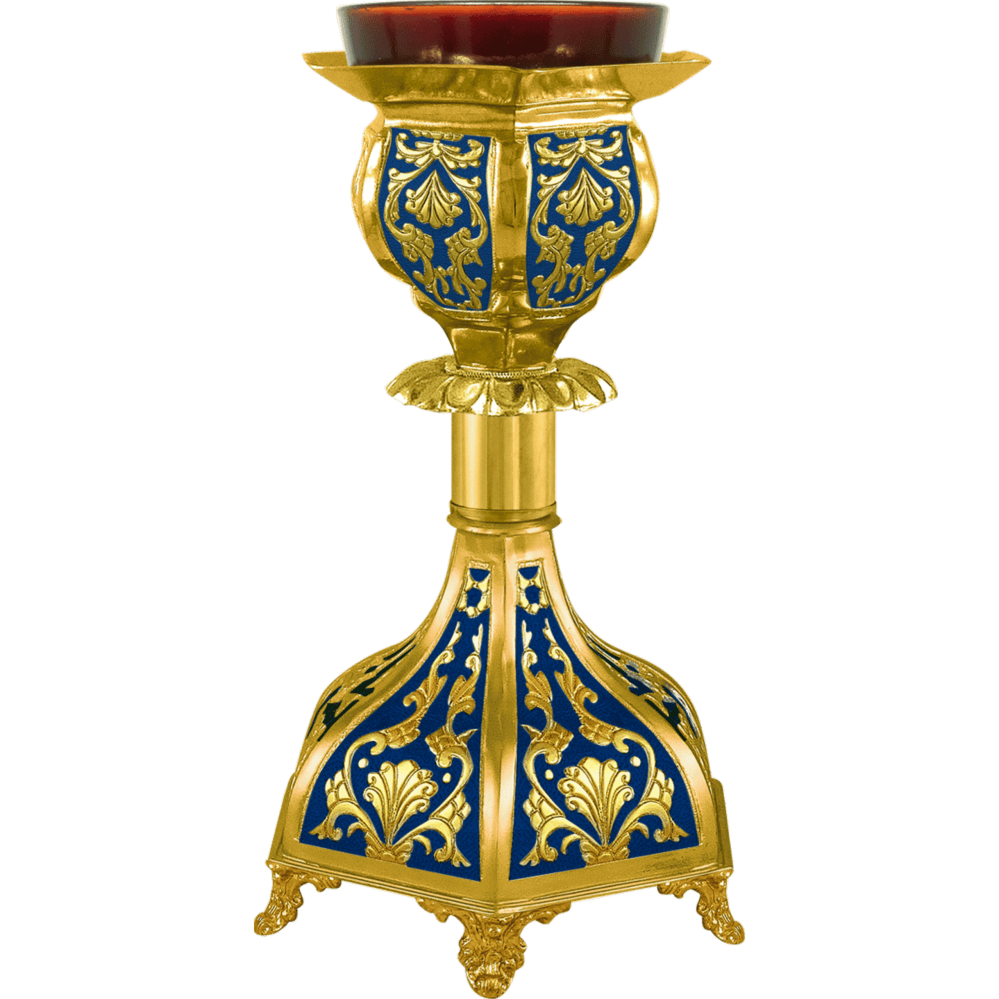 Gold and blue ecclesiastical candle holder with intricate ornamental design, used in church ceremonies and religious services. Perfect for Orthodox Christian liturgical practices.