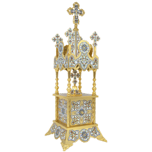 Intricate gold and enamel Byzantine reliquary with detailed religious iconography, ornate craftsmanship, perfect for church religious ceremonies and displaying sacred relics.
