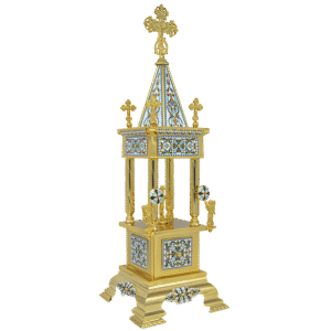 Ornate gold religious icon stand with intricate blue and white enamel details and crosses for church ceremonies.