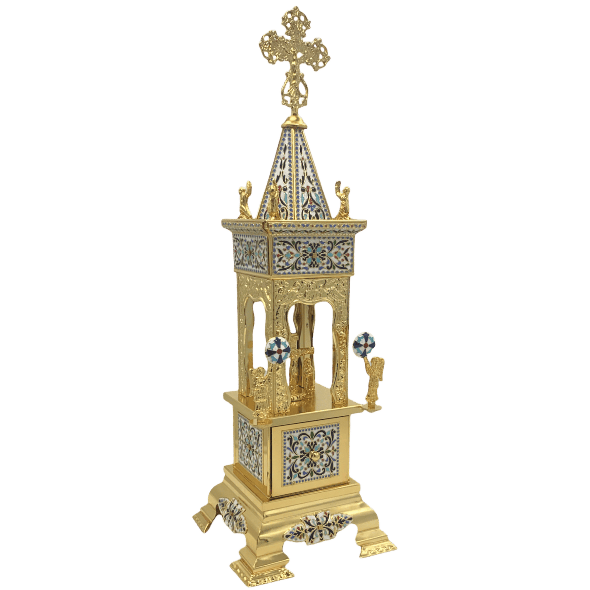 Ornate gold ecclesiastical processional lantern with intricate enamel detailing, religious symbols, and decorative craftsmanship, suitable for Orthodox church ceremonies and religious events.