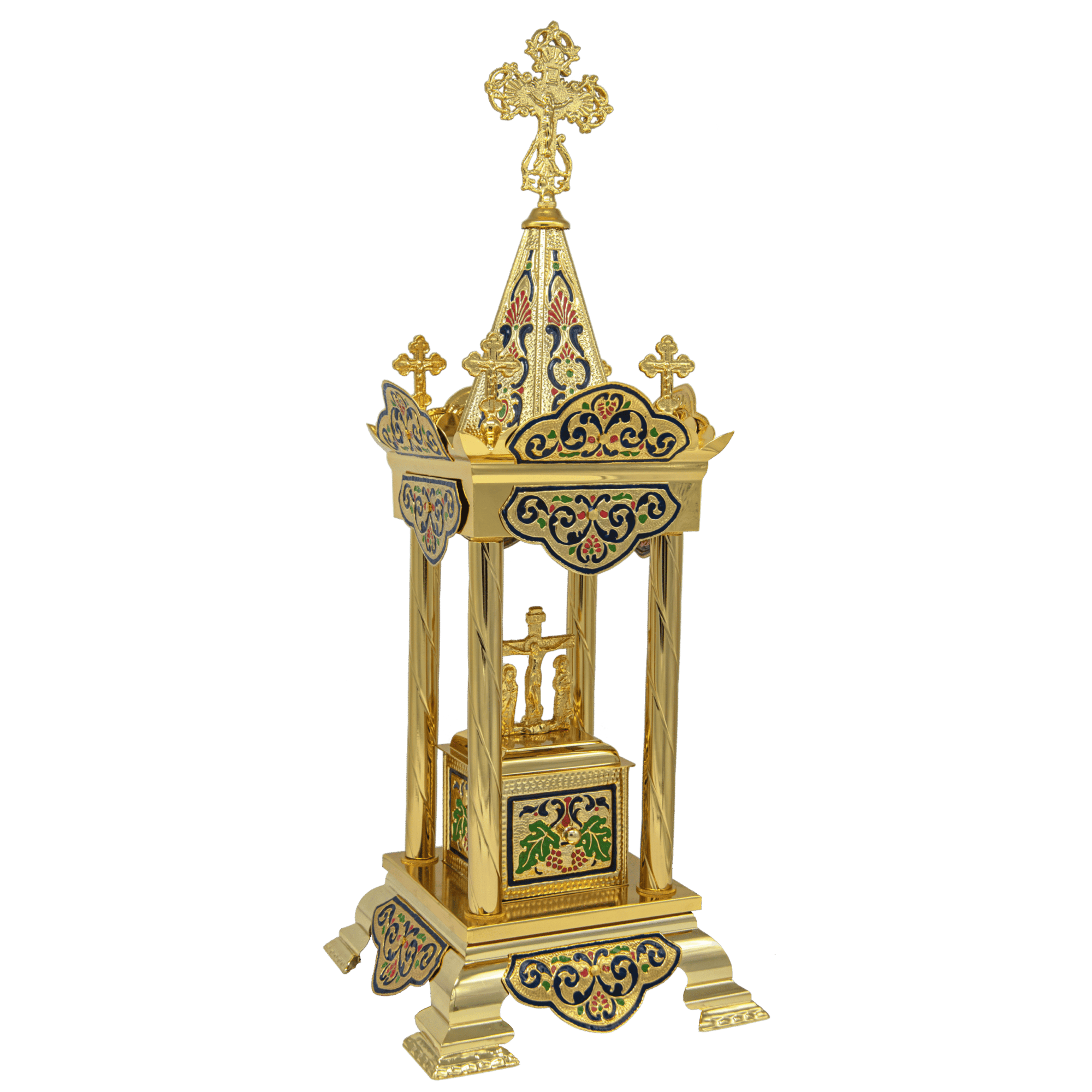 Intricate gold-embellished ecclesiastical religious relic, featuring traditional Greek Christian motifs and ornate design, suitable for church ceremonies and religious traditions.