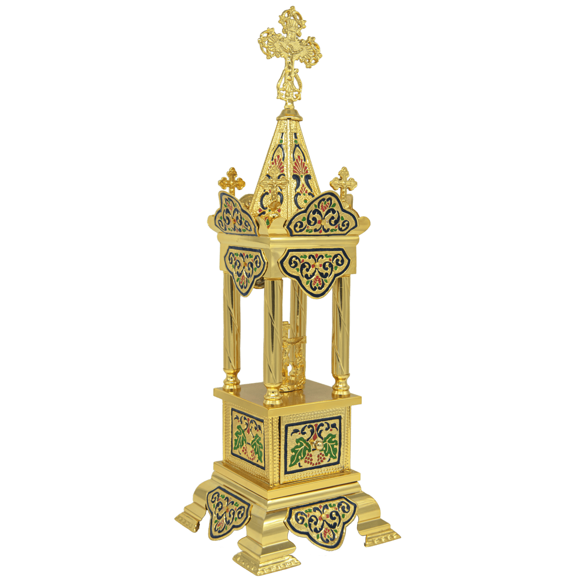 Intricate gold liturgical censer with colorful enamel details, used in Orthodox church services for burning incense.
