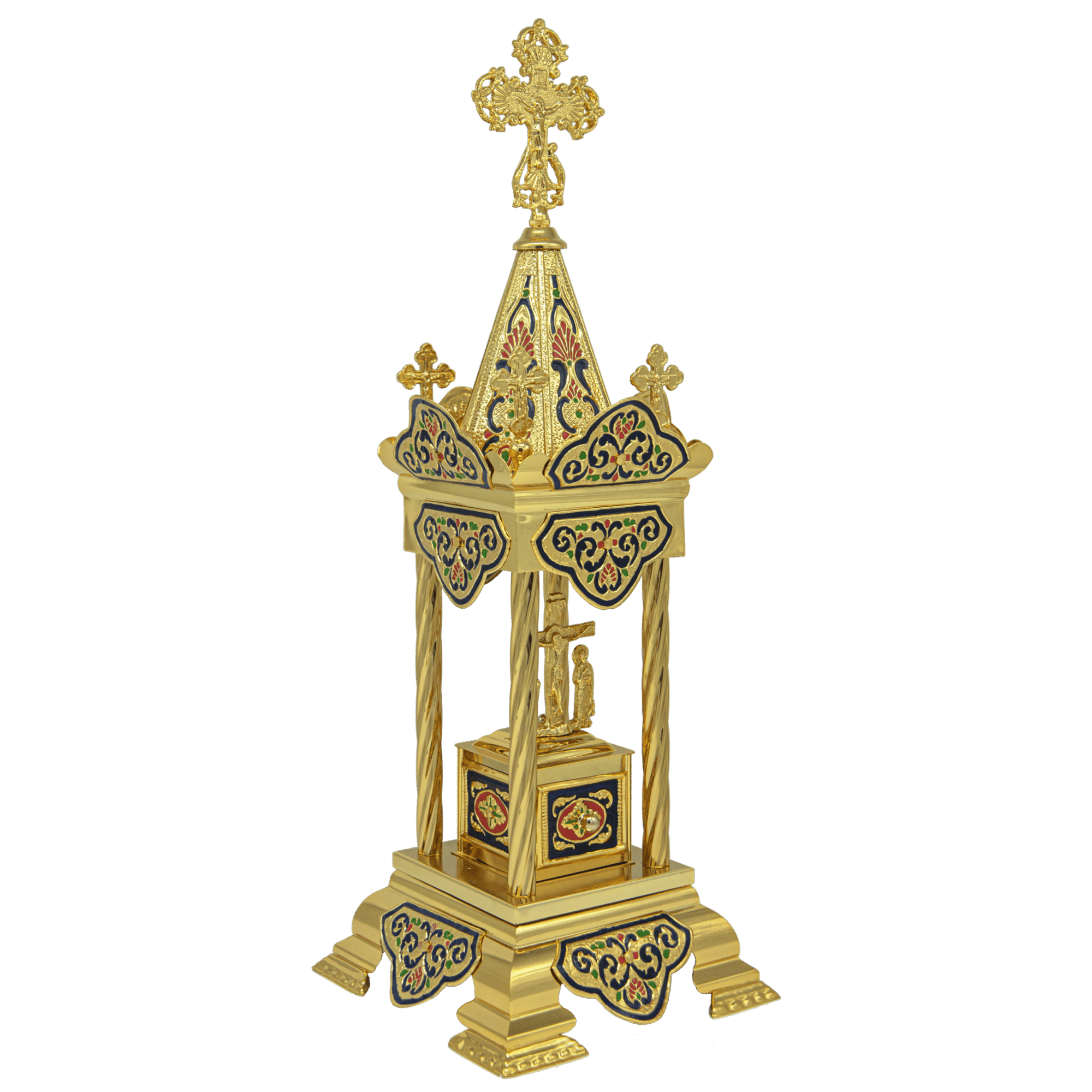 Ornate gold ecclesiastical monstrance with colorful enamel accents, used in Orthodox Christian church rituals for holding the Eucharist.