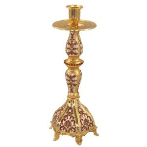 Ornate gold and red liturgical candle holder for church ceremonies, religious events, and church decorations, crafted with detailed patterns and traditional design elements.