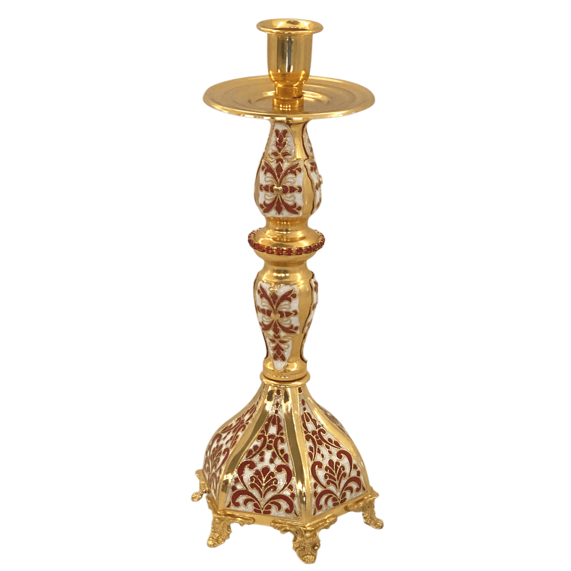 Ornate gold and red liturgical candle holder for church ceremonies, religious events, and church decorations, crafted with detailed patterns and traditional design elements.