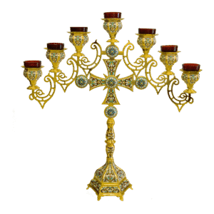 Intricate gold and enamel liturgical candelabrum with red glass candle holders, crafted for church ceremonies, showcasing traditional ecclesiastical art and religious adornments.