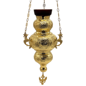 Gold Byzantine church hanging lamp, religious ceremonial lighting, ecclesiastical liturgical ornament, handcrafted Greece church supplies, sacred church chandelier.