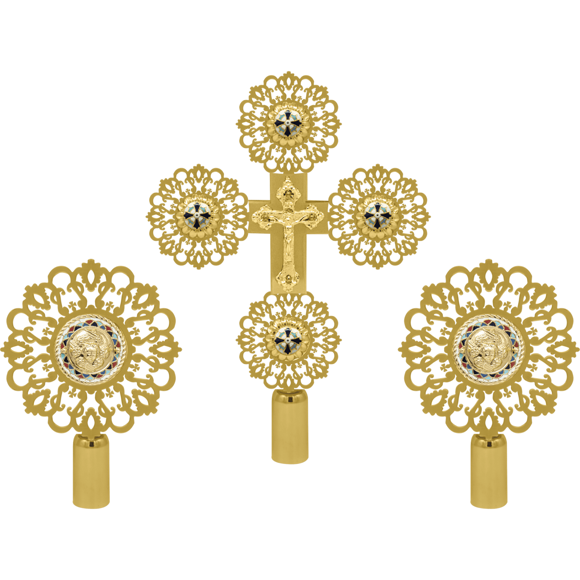 Ornate gold ecclesiastical religious items including crosses and medallions with intricate designs, used in Orthodox Christian liturgical practices.