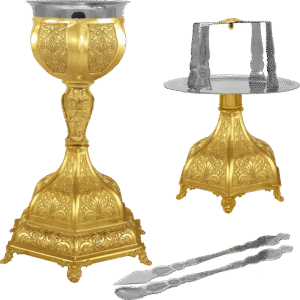 Ornate gold and silver church candle holder with spiritual significance, perfect for religious ceremonies and church decor.