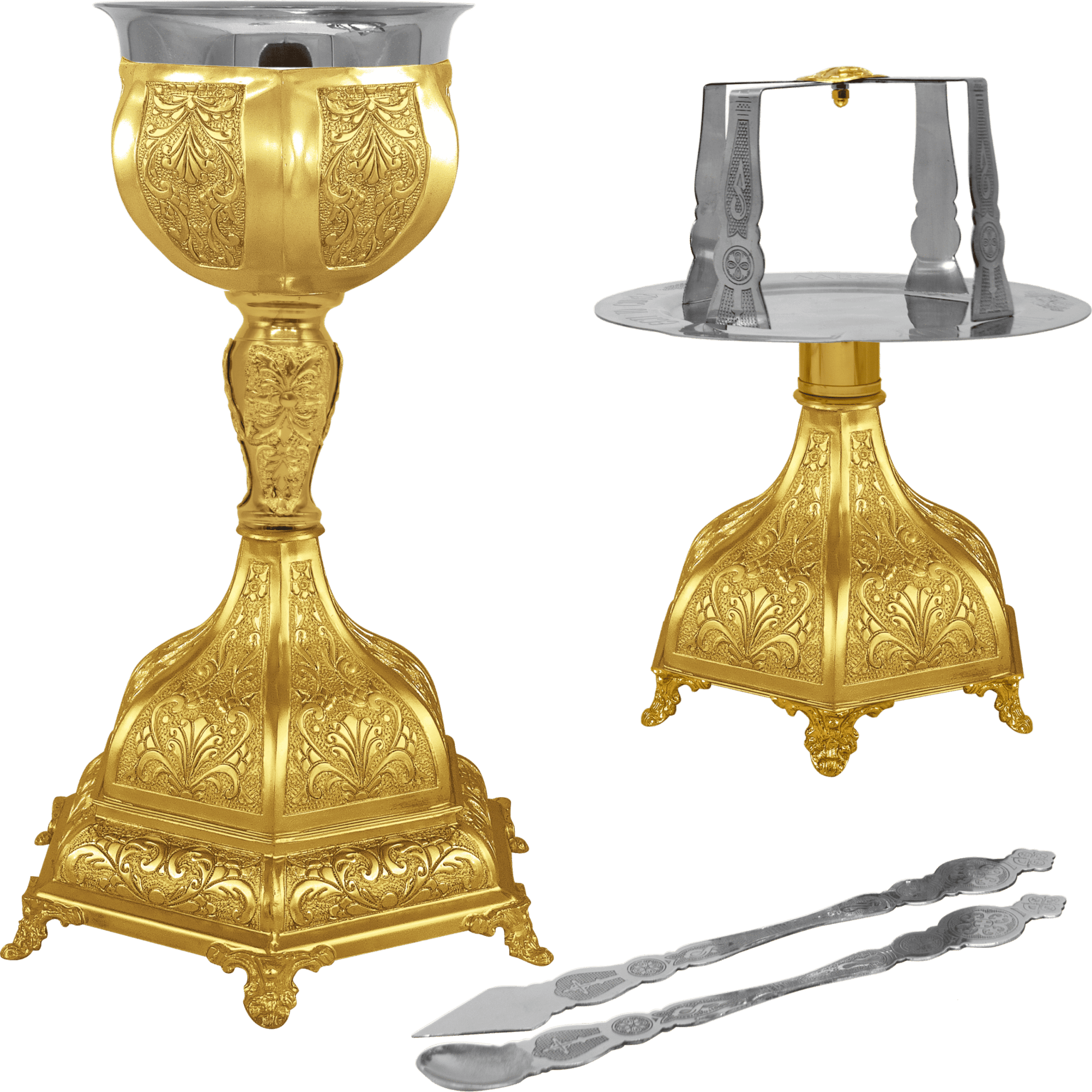 Ornate gold and silver church candle holder with spiritual significance, perfect for religious ceremonies and church decor.