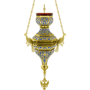 Intricate gold and blue liturgical priest icon with hanging chain and cross, crafted for Orthodox church services, showcasing traditional religious craftsmanship and ecclesiastical decor.