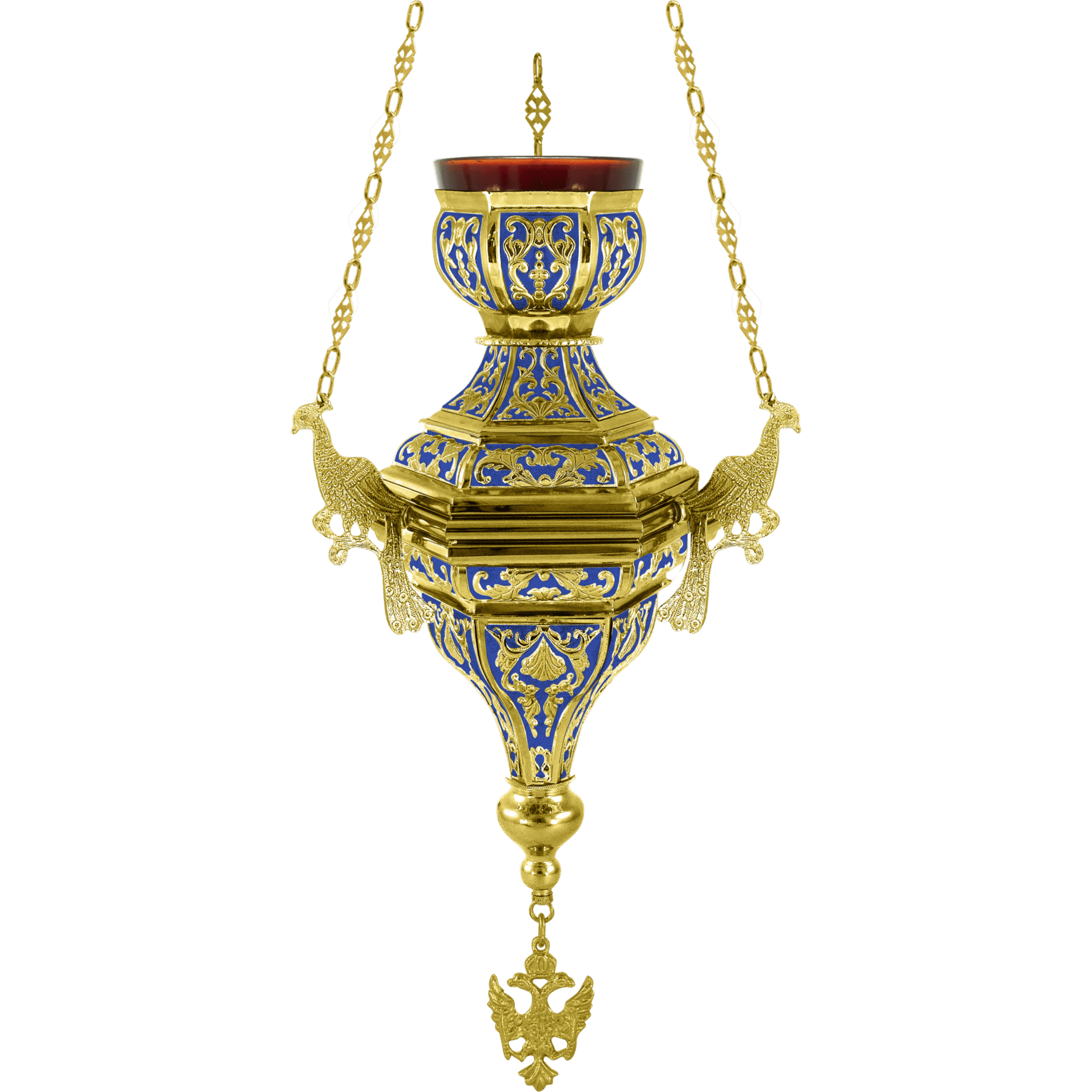 Intricate gold and blue liturgical priest icon with hanging chain and cross, crafted for Orthodox church services, showcasing traditional religious craftsmanship and ecclesiastical decor.