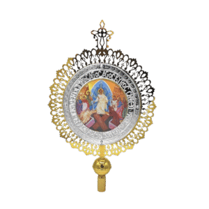 Ornate ecclesiastical processional icon with intricate metalwork and religious imagery, used in Greek Orthodox church celebrations and religious ceremonies.