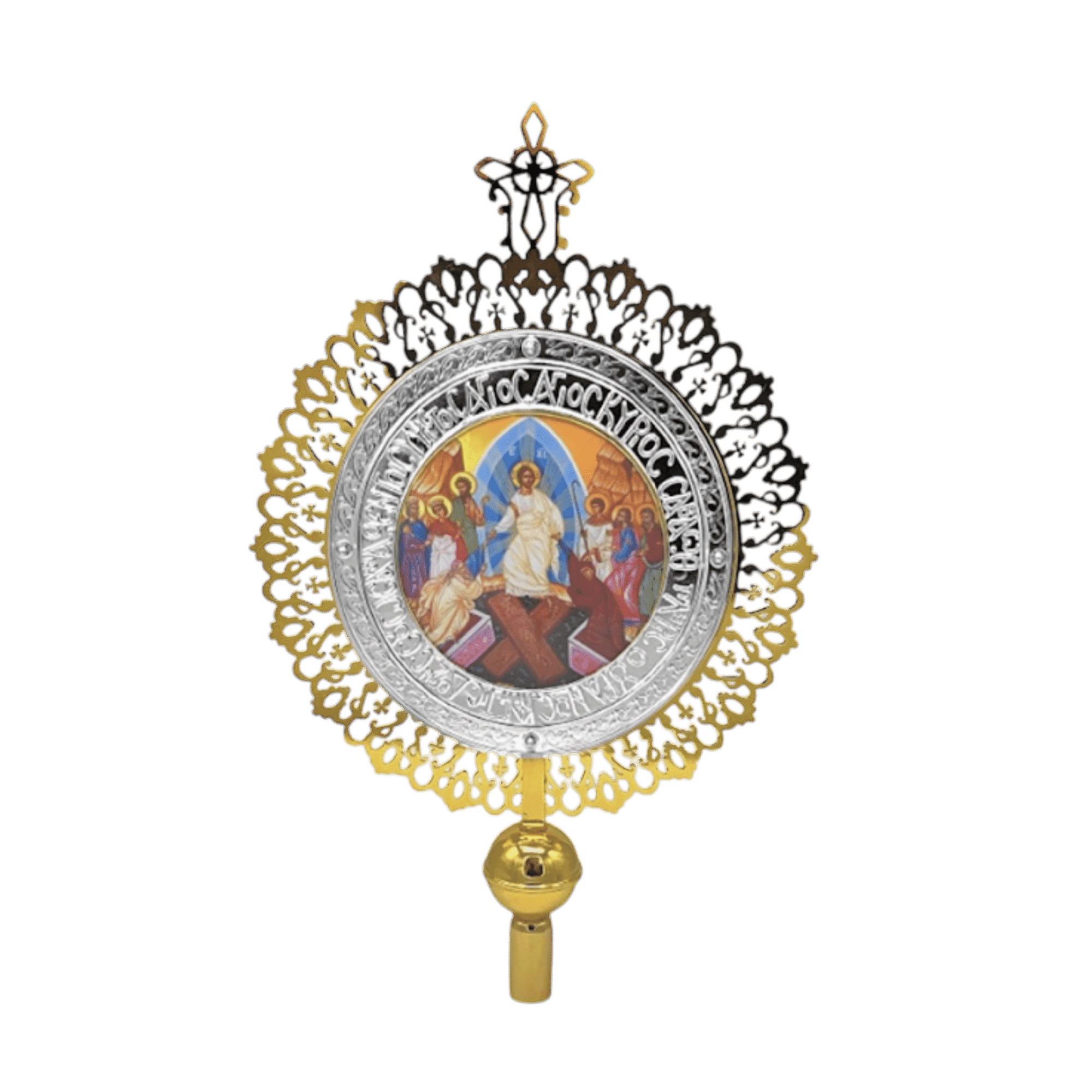Ornate ecclesiastical processional icon with intricate metalwork and religious imagery, used in Greek Orthodox church celebrations and religious ceremonies.