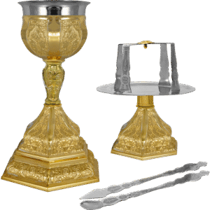 Gold-liturgical vessel and tray set with ornate religious details, used for church sacraments and ceremonies, featuring traditional ecclesiastical craftsmanship.